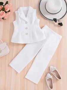 Girls' Spring Summer Comfortable Casual Suit Jacket with Button Details, Sleeveless Vest and Loose Long Pants, Perfect for Travel and Events
