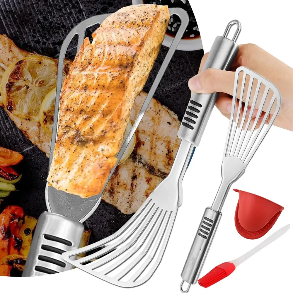 2-Pack Thick Flat Blade Fish Spatulas - Durable Rust-Resistant Stainless Steel Kitchen Utensils, Non-Slip Ergonomic Design Handle, Food-Safe Materials, Easy to Clean Tools for Frying Eggs, Grilling Meat, Silicone