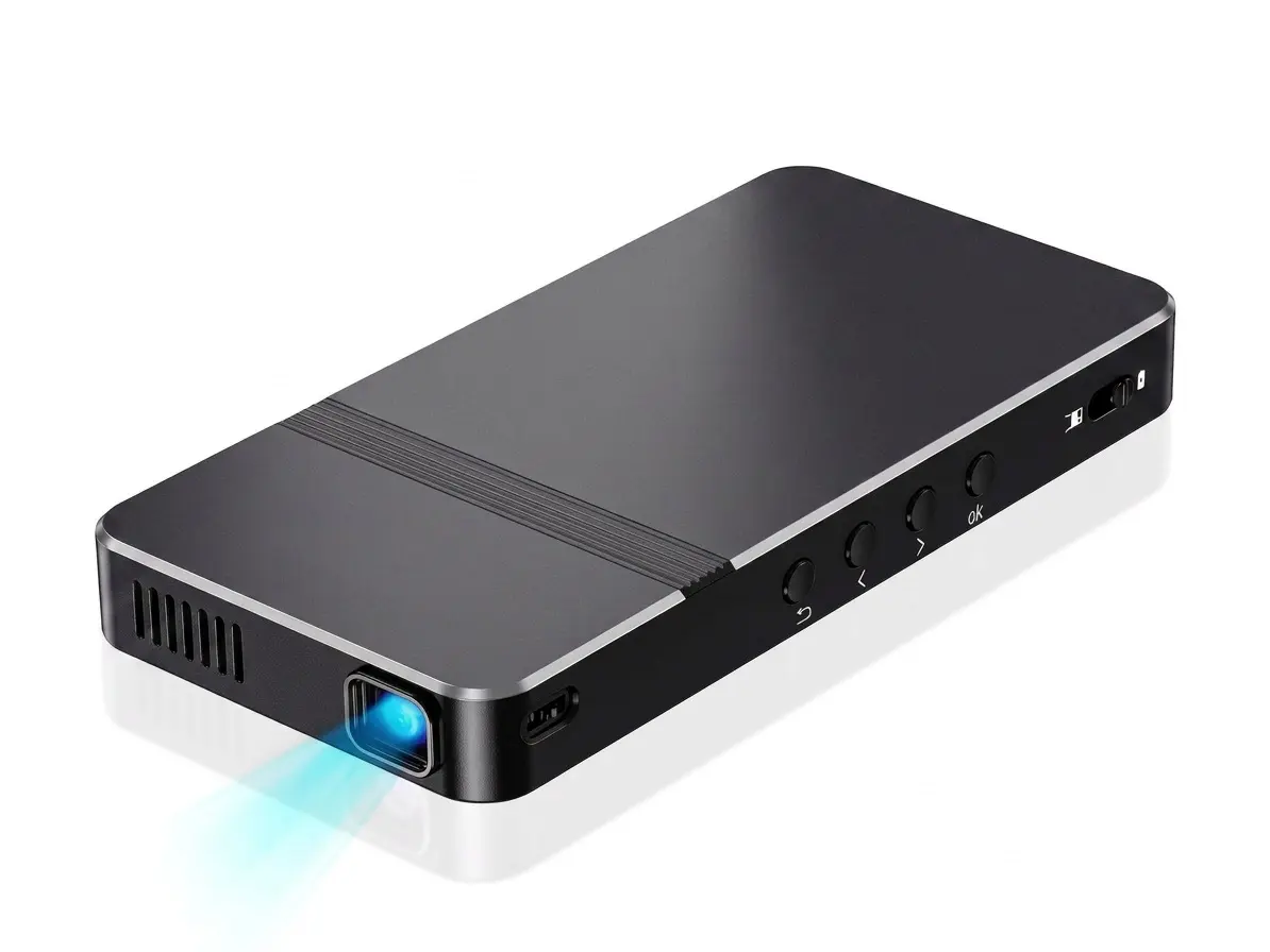 Portable Mini DLP Pocket Projector, 1080P Cookie Projector with Built-in Rechargeable Battery, Stereo Speakers, HDMI, WiFi, Remote Control and Updated Type-C Port