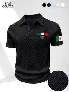 Men's Mexican Patriotic Print Polo Shirt, Casual Wear, Short Sleeve, Fitted, Long Length, H-Type Silhouette, Textured Jacquard Fabric, High-End Look