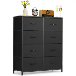 8-Drawer Dresser for Bedroom, Anti-Tip Tall Storage Organizer Chest of Drawers with Wooden Top and Metal Frame Fabric Bins for Closet, Living Room, Hallway, Entryway, Black