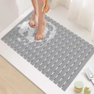 Non Slip Bath Mat Quick Drain Shower Floor Mat Colorful Bathtub Mat Slatted Duckboard Design with Suction Cups (Grey, 24.8 x 15.75 inch)
