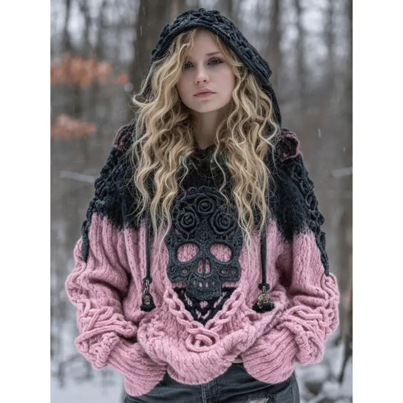Women's Plus Size Chic Polyester Long Sleeve Gothic Hooded Sweater - Winter Warm Purple & Black Retro Pullover, Skull Print Collar, Loose Fit Tops for Halloween Costumes & Layered Outfits (Machine Washable)