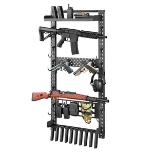 Wall Mount Gun Rack For Rifle And Shotgun Storage, Heavy Duty Steel Indoor Display With Magazine Holder, MOLLE Panel, Holds Up To 5 Firearms, Gun Accessories Organizer And Tactical Gear Display