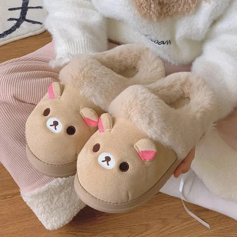 Women's Rilakkuma Cotton Heeled Slippers - Cute Winter Anti-Slip Sole, Warm Fur, Soft Fluffy Footwear, Cotton Indoor Shoes, Indoor/Outdoor Use, No Battery Needed
