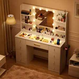 Vanity Desk, Makeup Vanity Desk with Mirror and Lights, Transparent Top with RGB Drawers, 3 Shelves, Large Tempered Cabinets, Power Outlet, for Bedroom, White