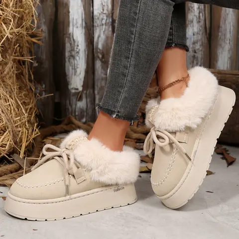 Women Cushioned Slippers Round Toe Lightweight Comfortable Lace-Up House Fleece Shoes Indoor Outdoor Plush Loafers Winter Warm Mini Snow Boots