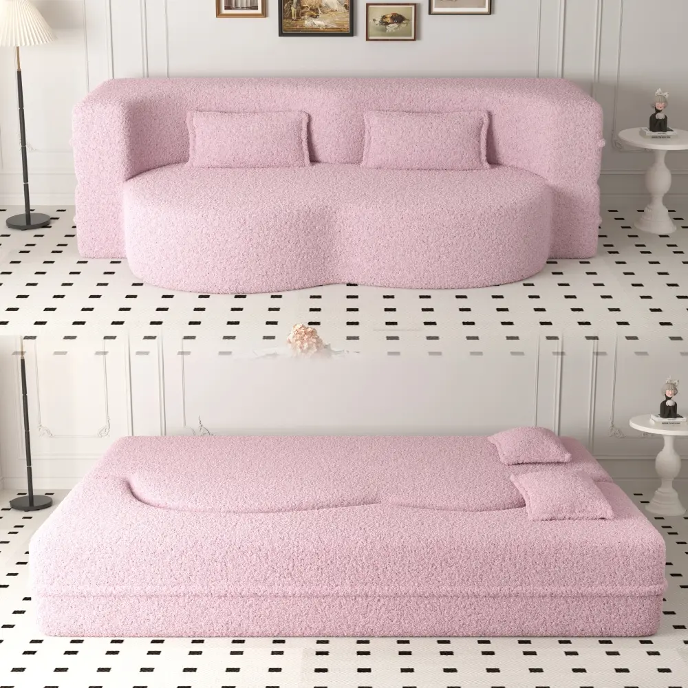 Sofa Bed Plush Sturdy Convertible Sherpa Fleece Sponge-Filled Futon  - No-Assembly Modern Indoor Floor Sofa with 2 Pillows, 15" Full Size Bed Folding Mattress for Living Room, RV, Pink, Multi-Use
