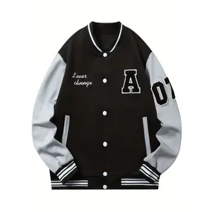 Men's "Learn Change" Embroidered Varsity Jacket - Casual Color Block Baseball Collar, Polyester, Machine Washable & Dry Cleanable, Non-Stretch Fabric, Black & Yellow, Casual Sportswear|Color Block Jacket|Polyester Jacket Menswear Coats