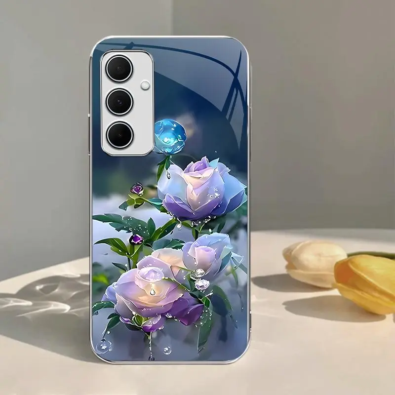 Electroplated Glass Smartphone Case for Galaxy A35 - Summer Flowers Design, Super Trendy, Handheld Cellphone Protection for Devices - 975