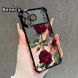Electroplated Four Corner Anti-Fall Thorny Rose Pattern Phone Case for iPhone 17 16 Pro Max 15 Plus 14 13 12 11 E Air Shockproof Transparent Protective Cover