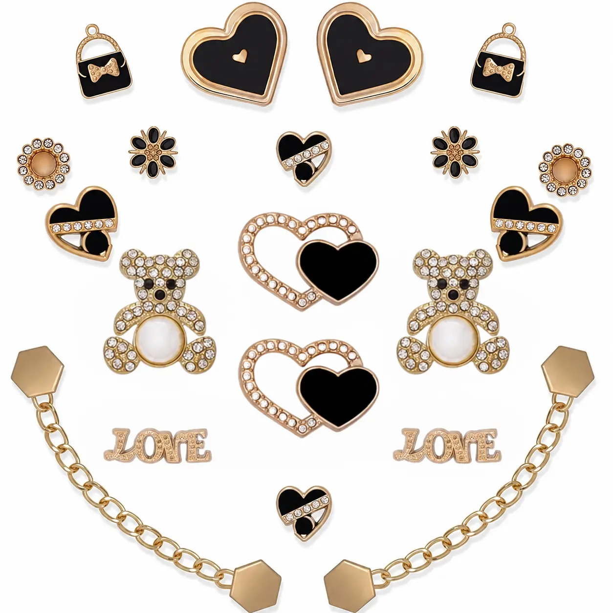Women'S Bling Shoe Charms, Sparkle Flower Bear Clog Decoration Charms Black Heart Slippers Charm, Gold Shoe Chains for Clog Sandals, DIY Shoe Accessories for Birthday Party (20 Pcs)