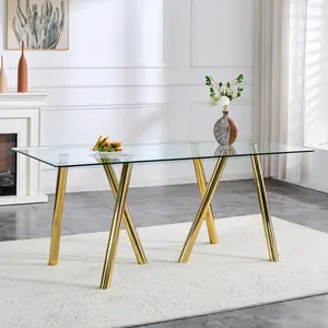 Glass Dining Table, 71" Tempered Glass Kitchen Table for 6-8, Modern Rectangular Dining Table with Sturdy Metal Legs for Apartment Home Kitchen Living Room(Gold)