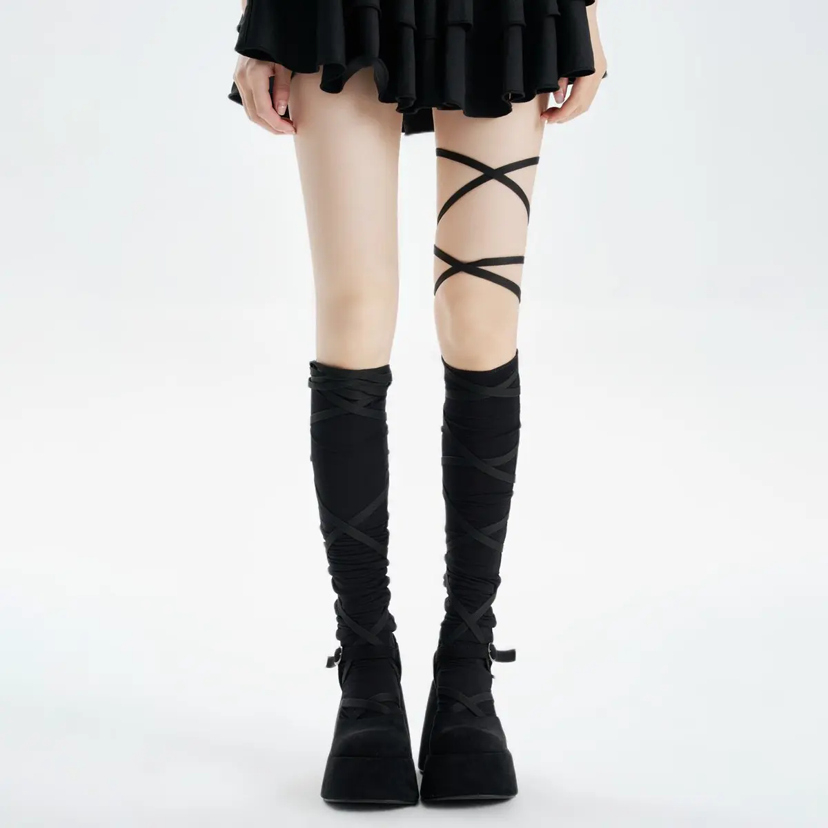 Giselle Balletcore Lace-Up Tie Knee High Socks | Black