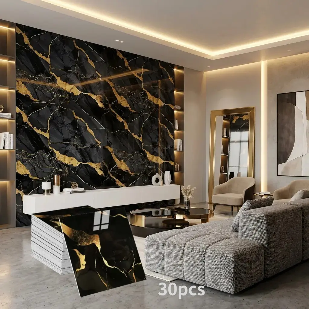 30pcs Self-Adhesive Bathroom Tiles, Marble Pattern Wallpaper, Waterproof Wall Panels, Easy Install, Modern Decor for Kitchen, Living Room, TV Background, Peel and Stick Wallpaper