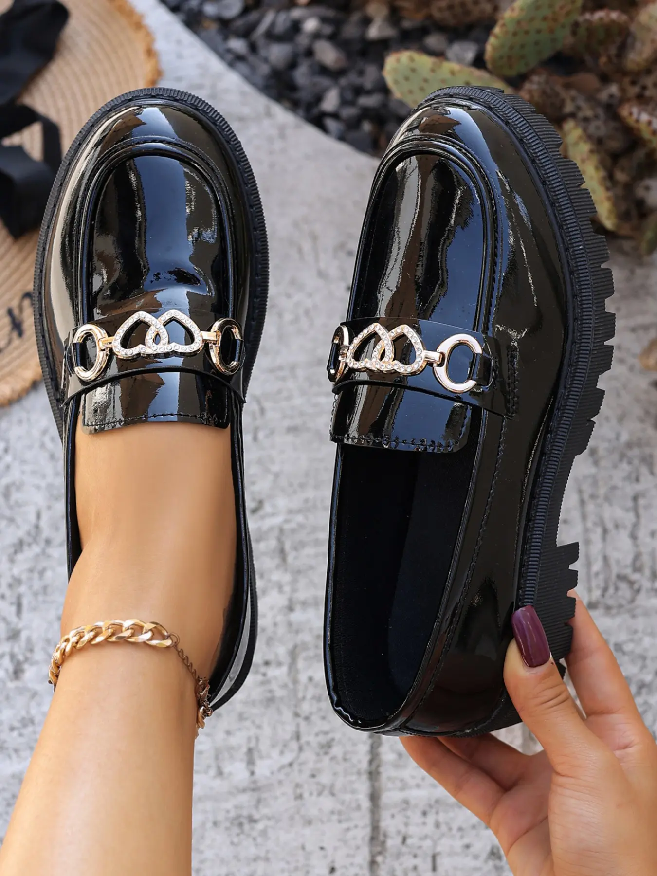 Women's Round Toe Flats, Slip On Shoes, Anti-Wrinkle Design, Spring & Fall Fashion, College Style Jk Uniform Shoes, Glossy Patent Leather Loafers