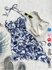 Women's All Over Print Ruched Drawstring One-piece Swimsuit, Casual Fashion Backless Tie Front Halter Swimwear for Beach Holiday Vacation, Ladies Swimsuit for All Seasons