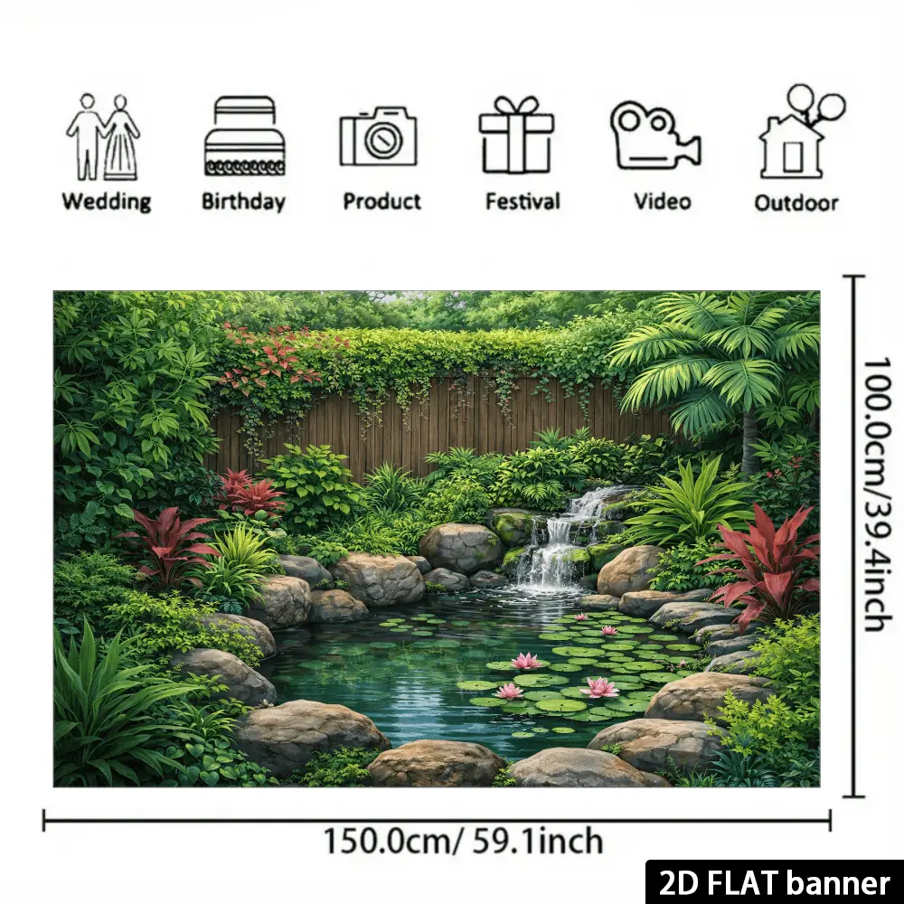 2D Flat Natural Look Lotus Pond Courtyard Tapestry Backdrop - Wooden Fence, Water Lily Design, High-Def Print, Durable, Multi-Size, No Installation, Ready to Hang, for Birthday Party Decor, Home Decor, Zen Spaces, Flat Banner