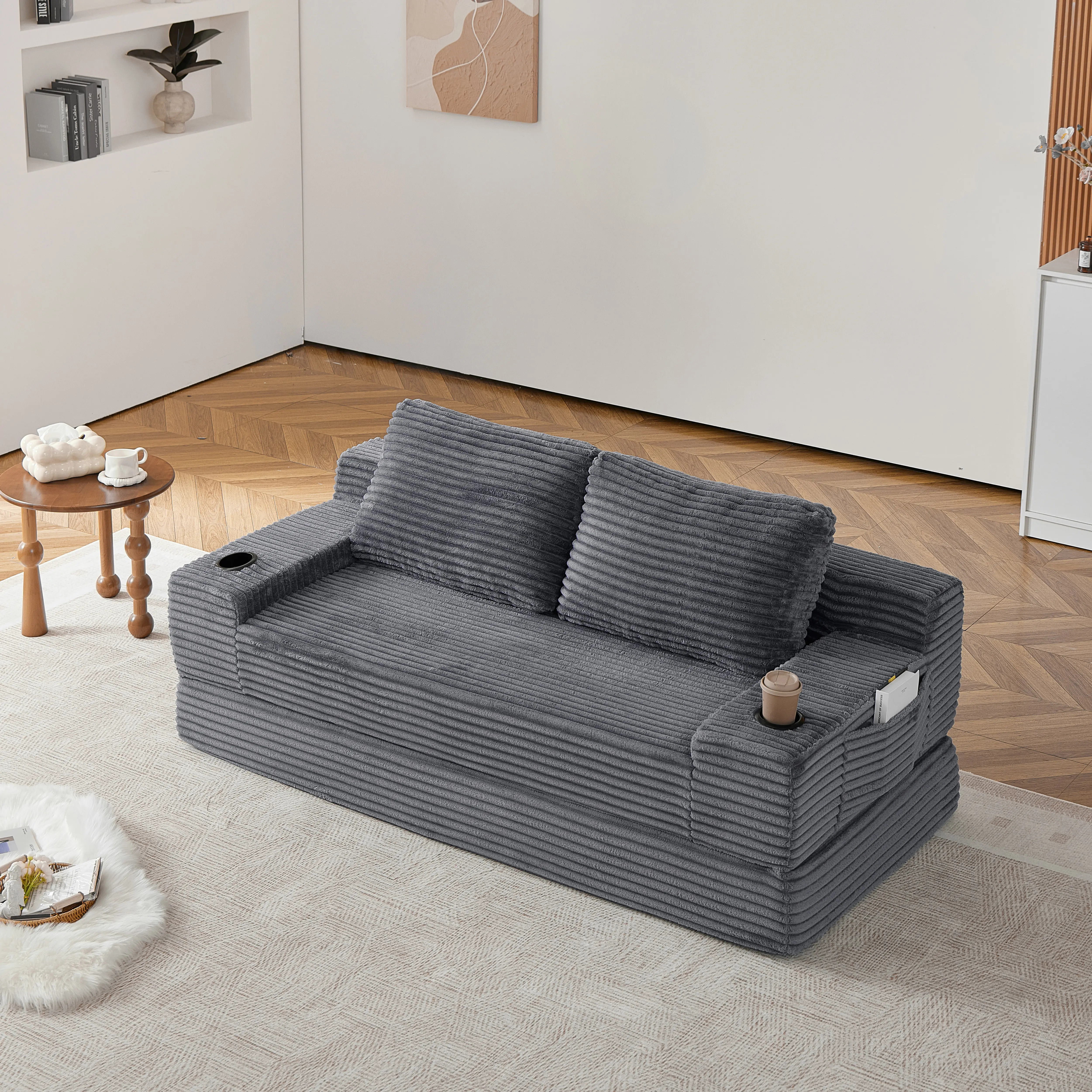【Sub 1 packages】Niccae 70.8-inch corduroy two-in-one sofa bed, featuring a lounge chair with two throw pillows, built-in cup holders in the armrests, and side storage pockets-ideal for living rooms, bedrooms, and relaxation