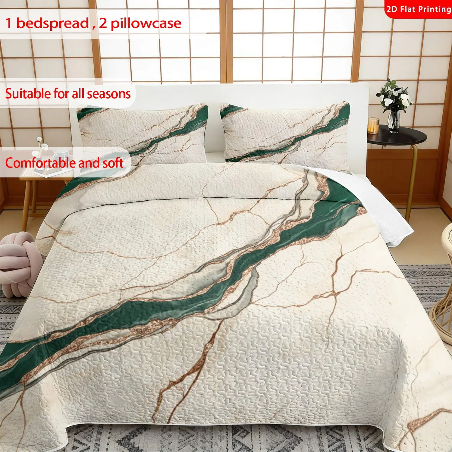 Emerald Green Marble Bed Cover Set 3 Piece (1Bedspread  + 2 Pillowcases), Luxury Quilted Soft Bedding, Ideal Gift for Loved Ones, Multiple Sizes Available