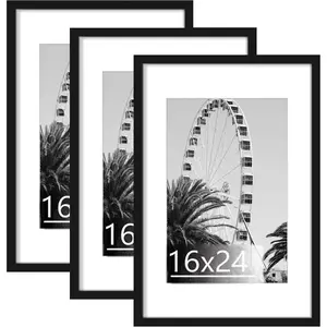 16x24 Frame Set of 3, Display Pictures 12x18 with Mat or 16 x 24 Without Mat, Poster Frames for Vertical & Horizontal Wall Hanging Display, Black Decor Photo Decoration