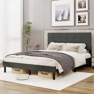 COSTWAY - Queen Size Upholstered Bed Frame Linen Platform Bed-Dark Gray