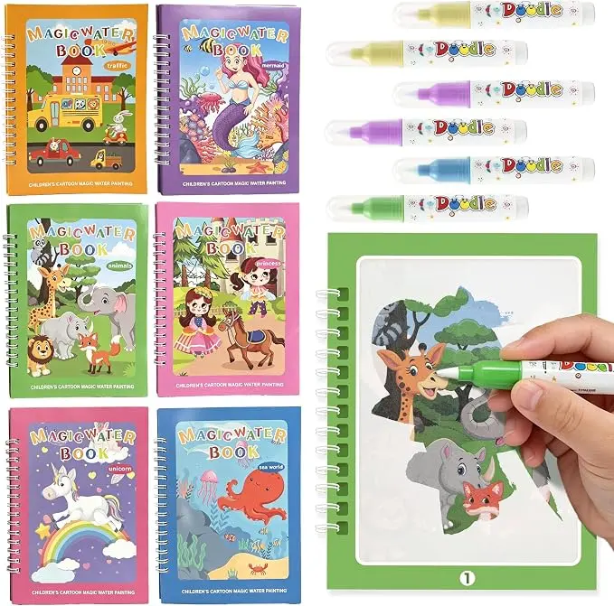 [6 Pack] Magic Water Painting Pads with Pens, Reusable Water Color Doodle Drawing Toys, Educational Activity Set for Easter Christmas Birthday New Year Gifts - Pen Color Style Random