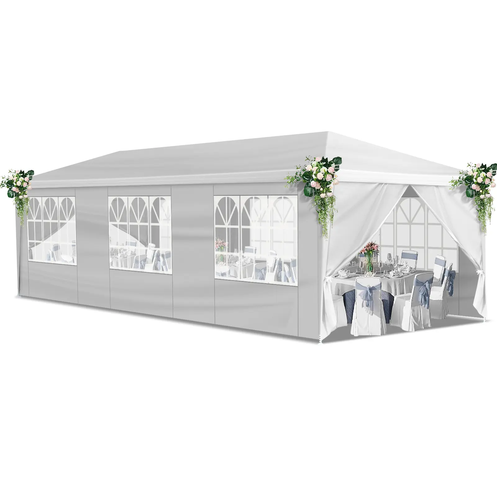 10x30 FT Heavy-Duty Waterproof Frame Tent, Weather-Ready Outdoor Canopy with PE Cloth, 8 Removable Sidewalls & Threaded Pipe Connection for Weddings, Backyard Events
