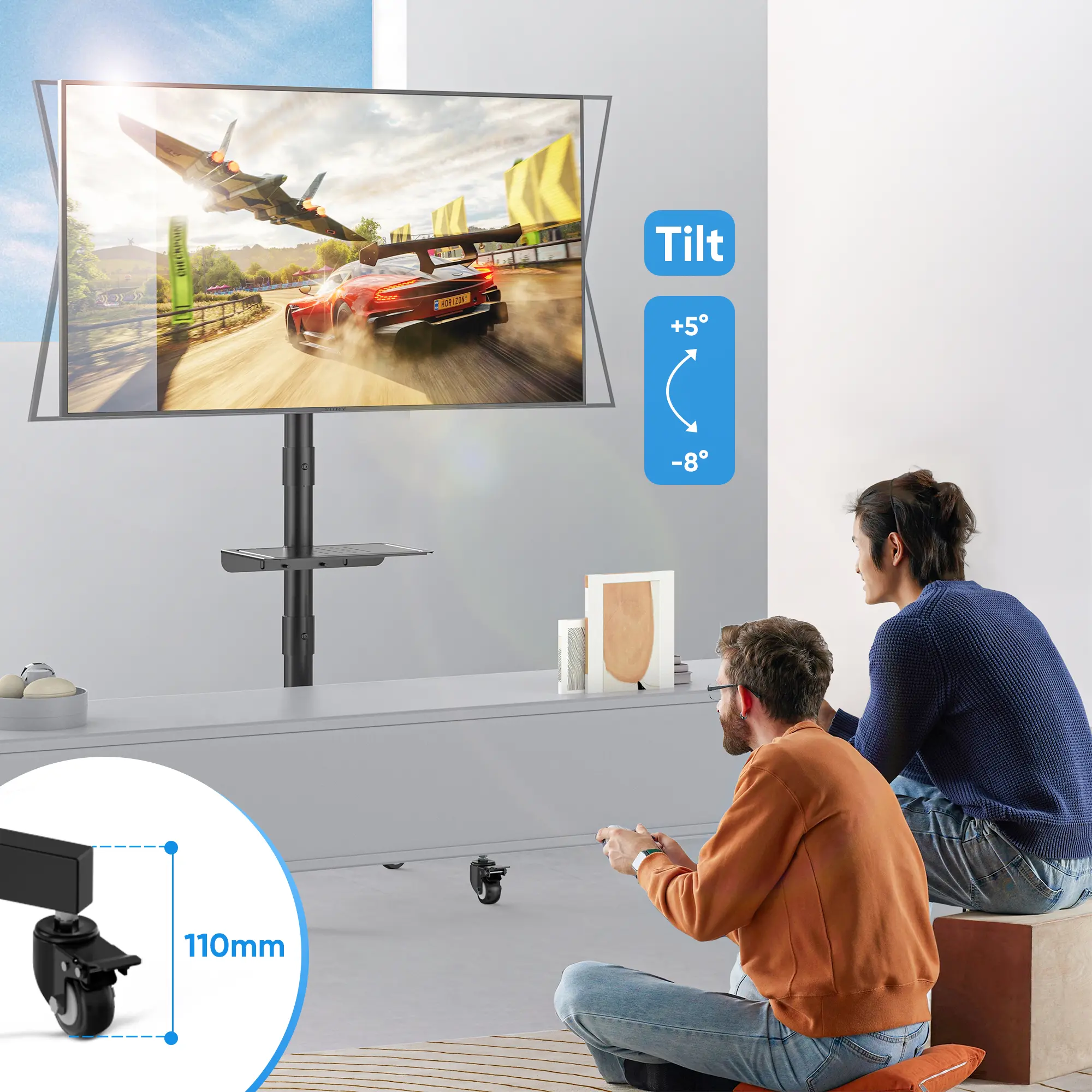 Forging Mount Stainless Steel Double-Tube Mobile TV Stand for 23-60 Inch LCD/LED Flat-Panel & Curved TVs (Home Use, No Drilling), 15° Tilt, 88 lbs Capacity, Laptop Holder, Locking Caster Wheels, Roll-Flat Design, Height-Adjustable, 400x400mm VESA Support,