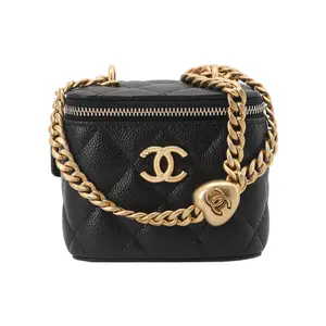 Chanel 23P Spring-Summer Adjustable Strap Quilted Grain Calfskin Heart Ball Square Crossbody Bag for Women in Black