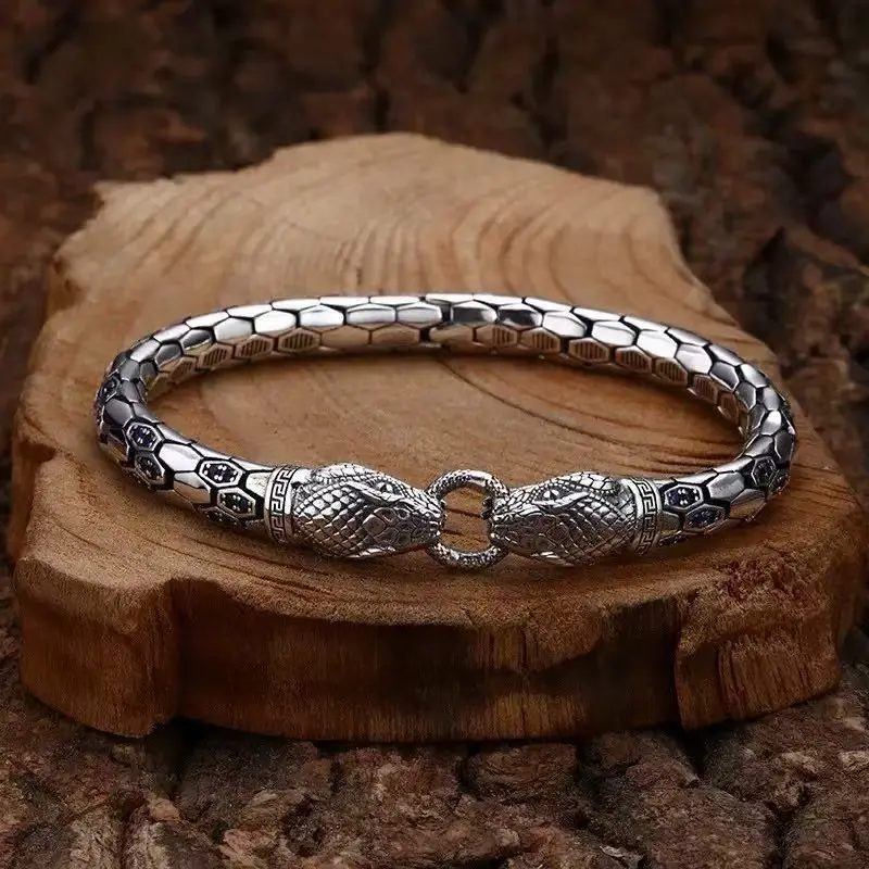 Vintage Snake Bangle, Silver-Plated Elastic Bracelet with Textured Scale Motif, Unisex Zodiac Couple Jewelry for Casual Daily Wear, Snake Motif