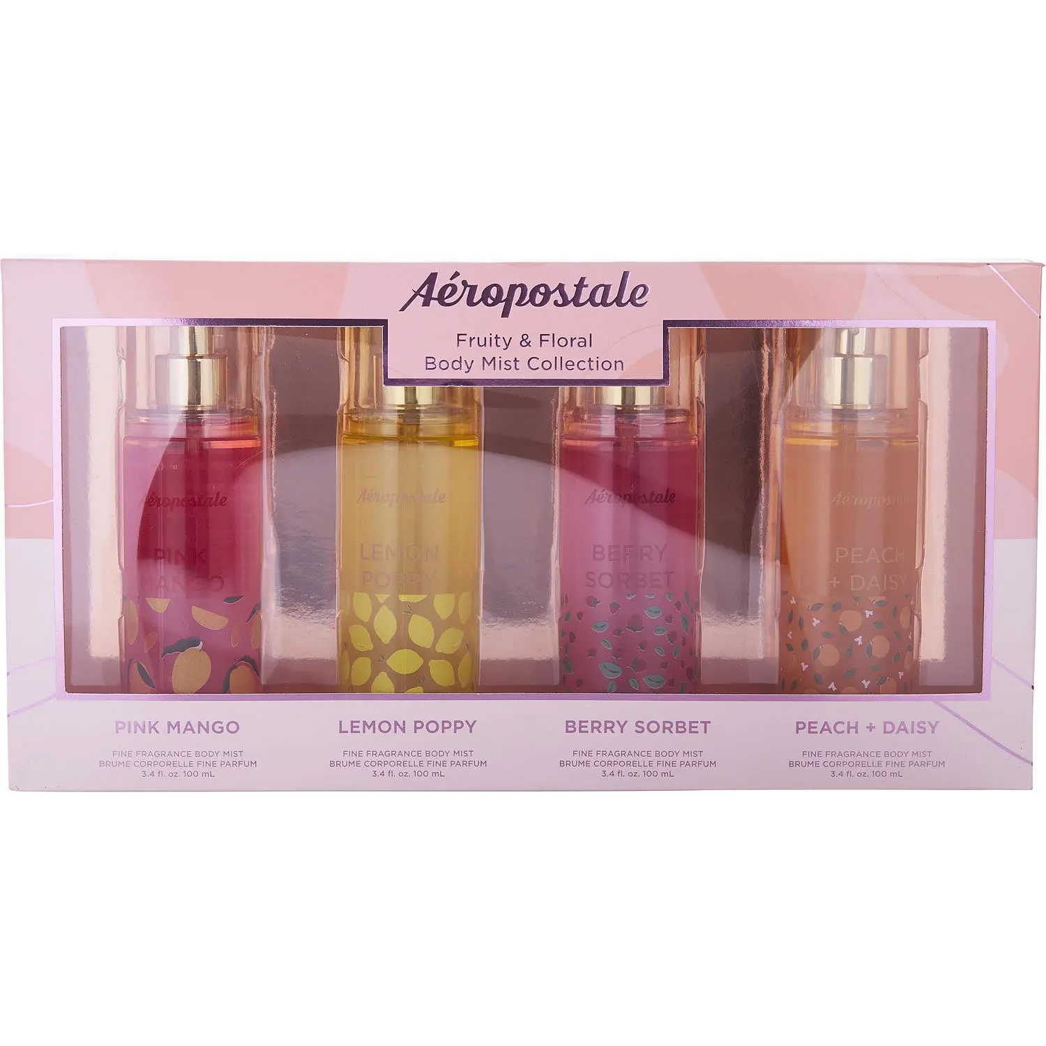 Aeropostale Variety Set-Fruity & Floral Set With Berry Sorbet & Lemon Poppy & Peach + Daisy & Pink Mango And All Are Body Mist 3.4 Oz For Women