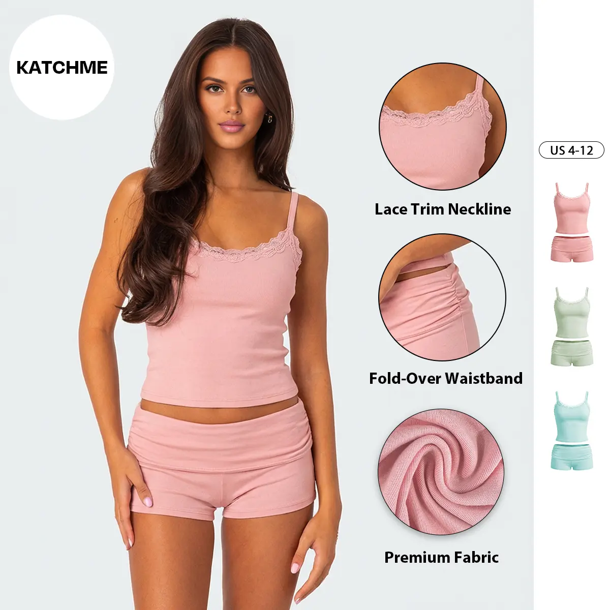 KatchMe Women's Comfy Thin Strap Solid Color Lace Trim Camisole & Folded Waist Shorts Co-ord, Basic Top & Stretchy Shorts Ribbed Two Piece Outfits