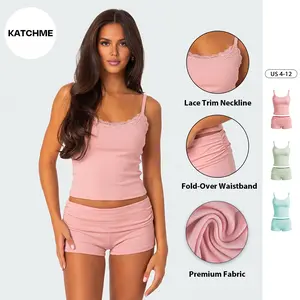 KatchMe Women's Comfy Thin Strap Solid Color Lace Trim Camisole & Folded Waist Shorts Co-ord, Basic Top & Stretchy Shorts Ribbed Two Piece Outfits