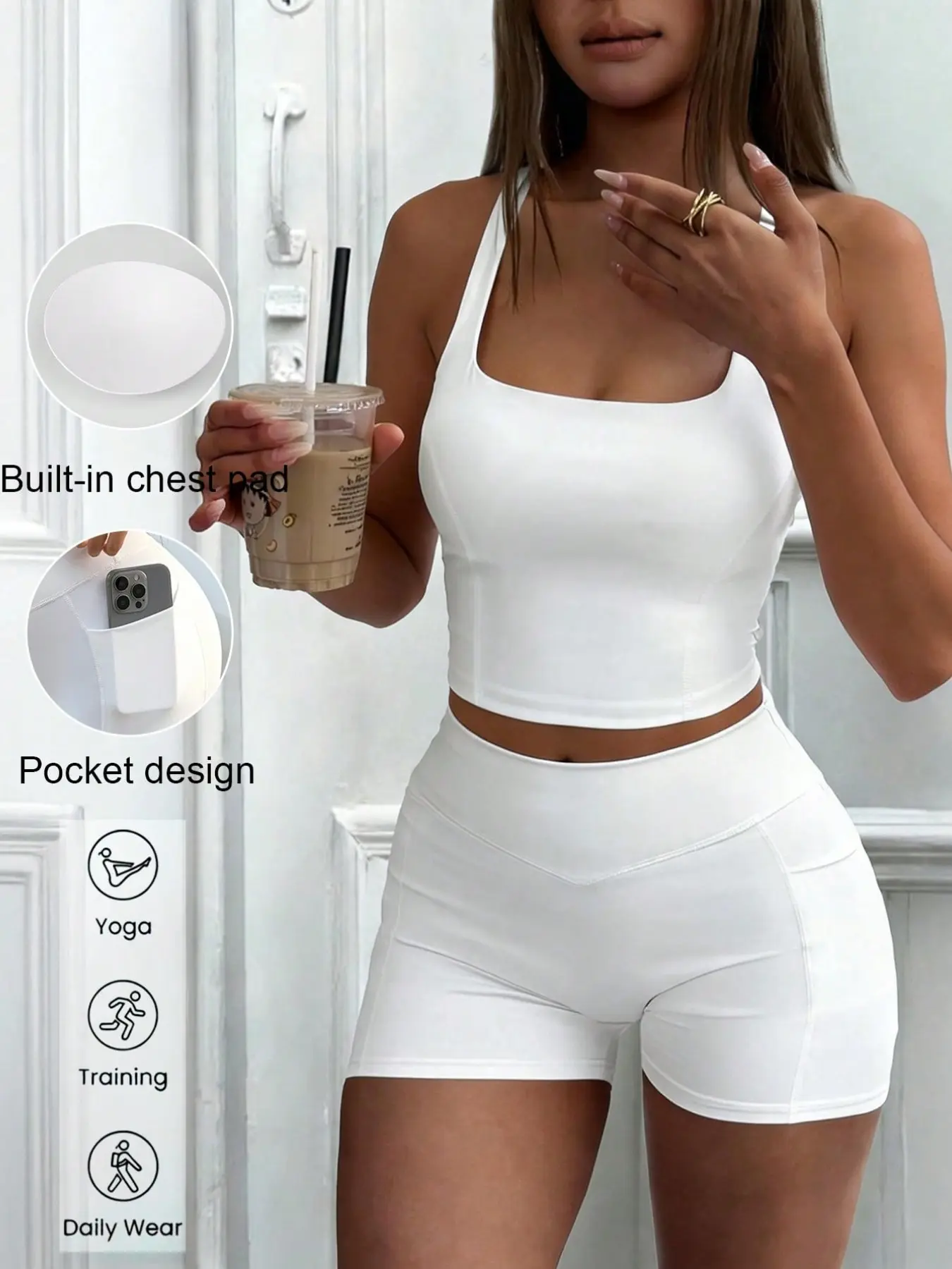 Women's Sporty Yoga Tank Top Set, Sports Fitness Wear, Exercise Clothing Set, Slim-Fit Square-Neck Backless Top, High-Waist Above-the-Knee Shorts, Sleeveless Activewear