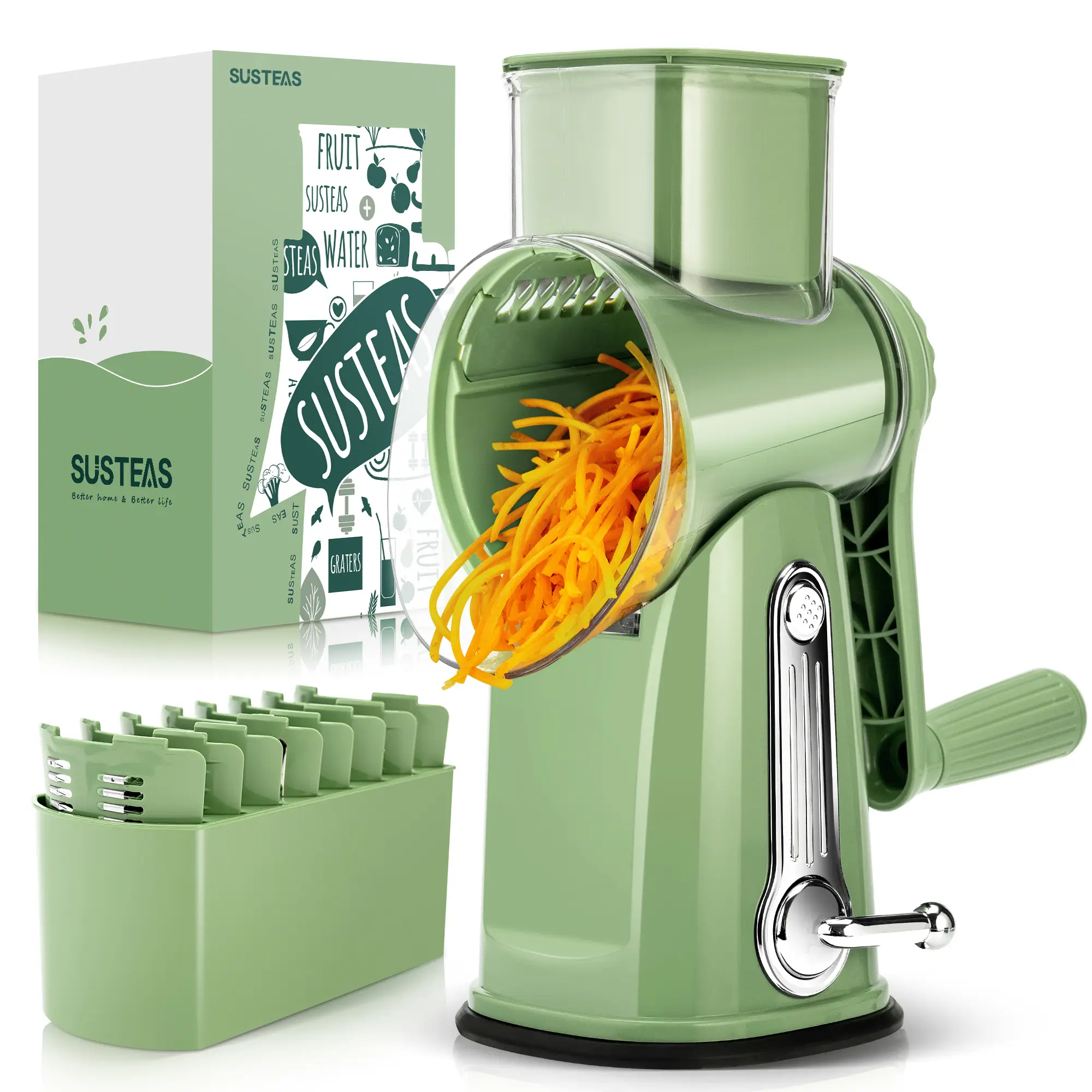 SUSTEAS Rotary Cheese Grater with Handle, 5 Well-Designed Blades and Strong Suction Cup Base, Mandoline Slicer Utensils Retro Green Kitchen Gadgets