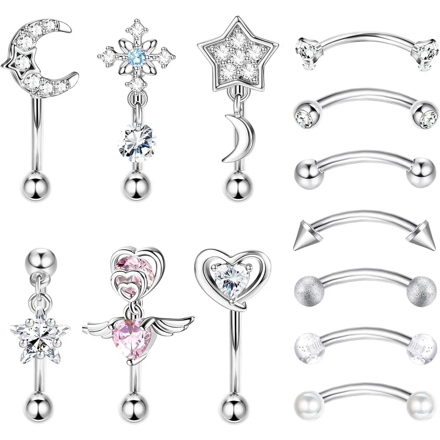 FUNRUN 13Pcs Rook Piercing Jewelry Trendy Eyebrow  Lip and Cartilage Rings for Women  Made of Surgical Steel Curbed Barbells with Colorful Ball Ends
