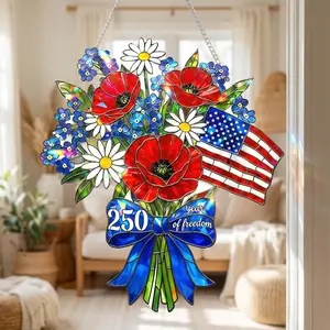 4th of July Suncatcher – Patriotic Flower Holographic Acrylic Flag Jar USA Window Decor