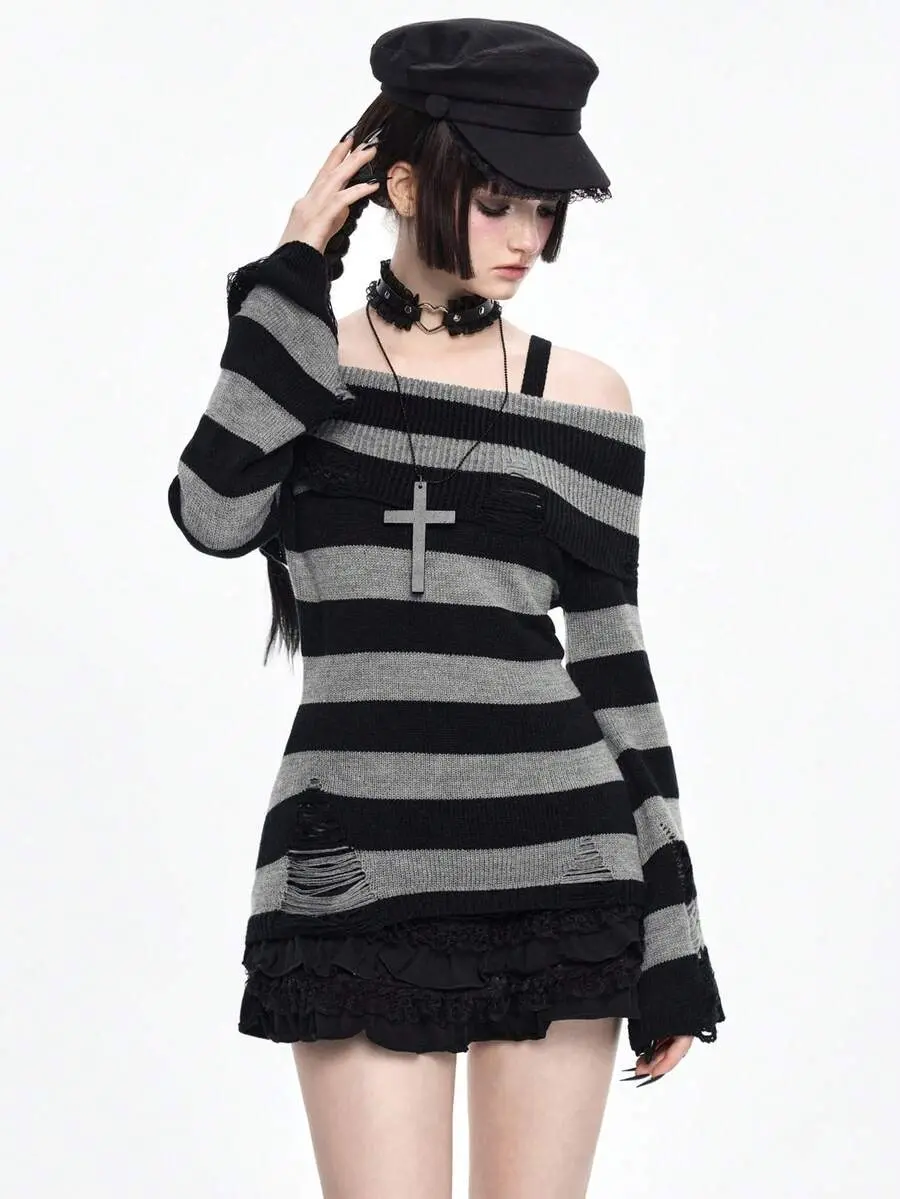 Goth Spring Casual Fashionable Dark Punk Distressed Design Waist Cinched Off-Shoulder Crew Neck Black & Grey Striped Sweater
