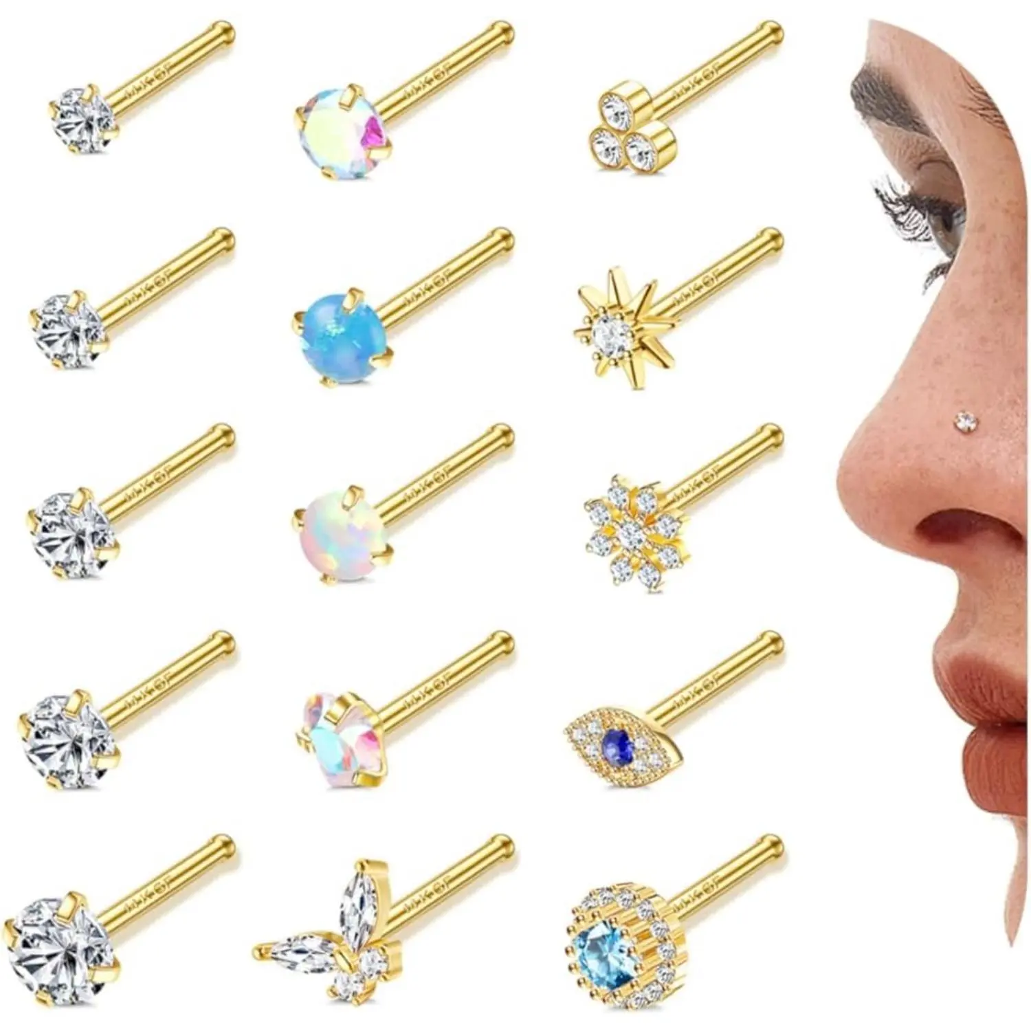 ZELORES 15Pcs 20G 14K Gold Filled L-Shaped Nose Studs, Surgical Stainless Steel Nose Rings with Genuine Opal CZ, Unisex Body Jewelry for Women Men, Unisex Jewelry, Nose Ring Jewelry, Glamorous