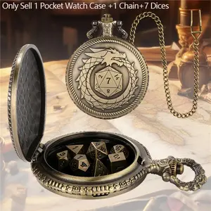 Vintage Dragon Swallowing Tail Pocket Watch Case with Thick Chain, Includes 7 Mini Polyhedral Dice, Indoor Entertainment Table Board Role Play Game Accessory, Portable Dice Storage Case