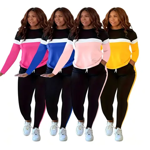 Women's Plus-Size Athletic Striped Round-Neck Long-Sleeve Top & Matching Long Bottom 2-Piece Set, Clothes for Women's 2 Piece Sets