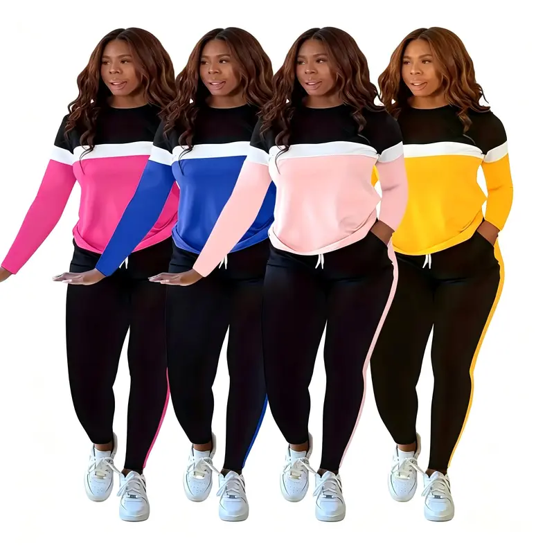 Women's Plus-Size Athletic Striped Round-Neck Long-Sleeve Top & Matching Long Bottom 2-Piece Set, Clothes for Women's 2 Piece Sets