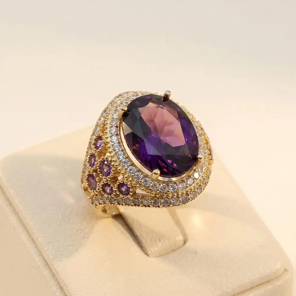 Vintage Amethyst Statement Gemstone Ring - Skin-Friendly, Pressure-Free Sparkly Gold-Tone Simulated Crystal Copper Costume Jewelry, Simulated Crystal Rings, Sparkly Gold-Tone Rings
