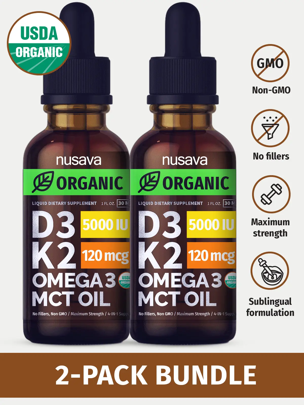 (2-PACK) Organic Vitamin D3K2 Supplement Drops with MCT Oil Omega 3, Liquid Vitamin D3 for Healthcare & Body Defenses - Non-GMO, No Fillers, 2 Fl Oz