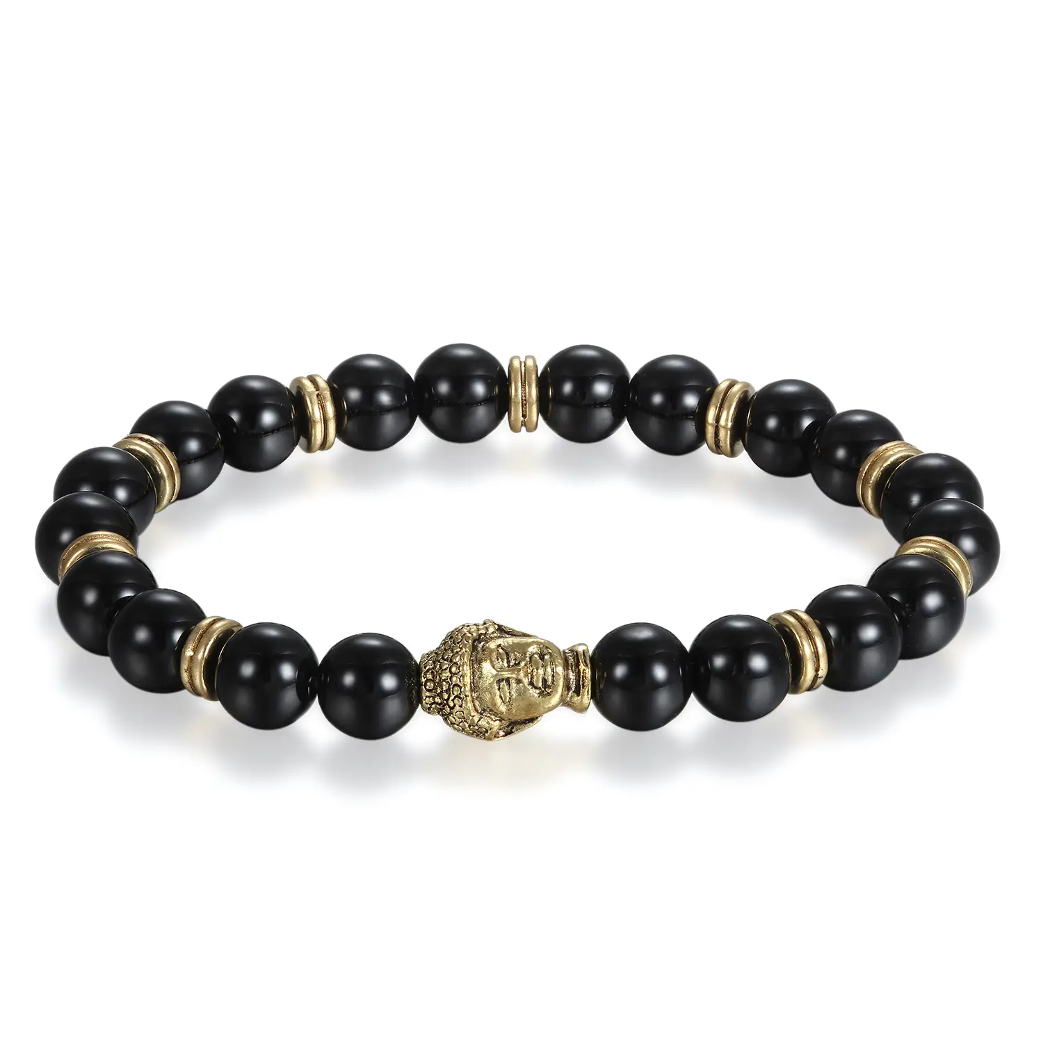 OIDEA Buddha Head Golden Tone Bracelet for Men & Women, Spiritual Costume Jewelry with 8mm Imitation Agate Round Beads, Elastic Bands, Ideal for Yoga, Birthday Yoga Gift, Buddhism, Religious, Spirituality, Yoga Wear