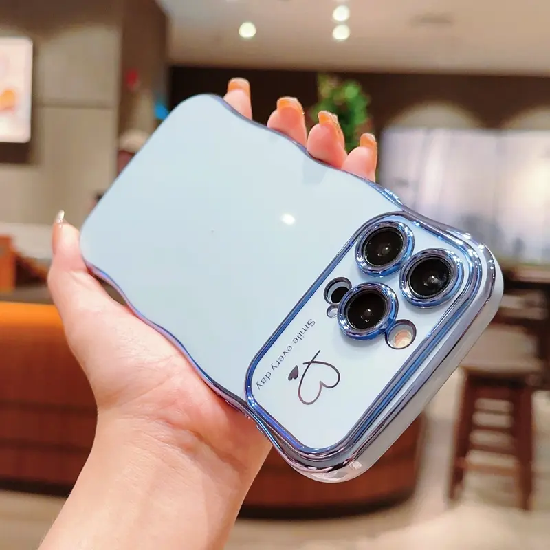 Cute Wave Shape with Love Heart Raised Camera Protection Phone Case Accessories Durable Shiny For iPhone 16 15 14 13 Pro Max Slim Phone Case Shockproof Soft Case Compatible with Wireless Charging Curly Shape Case Cover