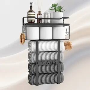 Modern Wall-mounted Towel Rack with Floating Shelf for Bathroom Storage Wooden & Metal Design for Small Bathroom Decor