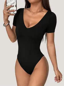 Women's Slim Fit V Neck Short Sleeve Romper Bodysuit, Casual Multifunctional One Piece, Comfortable Home Wear & Commuting Top