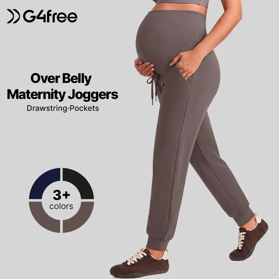 G4Free EverGoing Over The Belly Maternity Joggers with Pockets, Adjustable Drawstring Pregnancy Pants, 2 Side Pockets, Soft Slightly Brushed Fabric, Relaxed Fit Trousers for Casual, Yoga & Workout, Womenswear, Bottom
